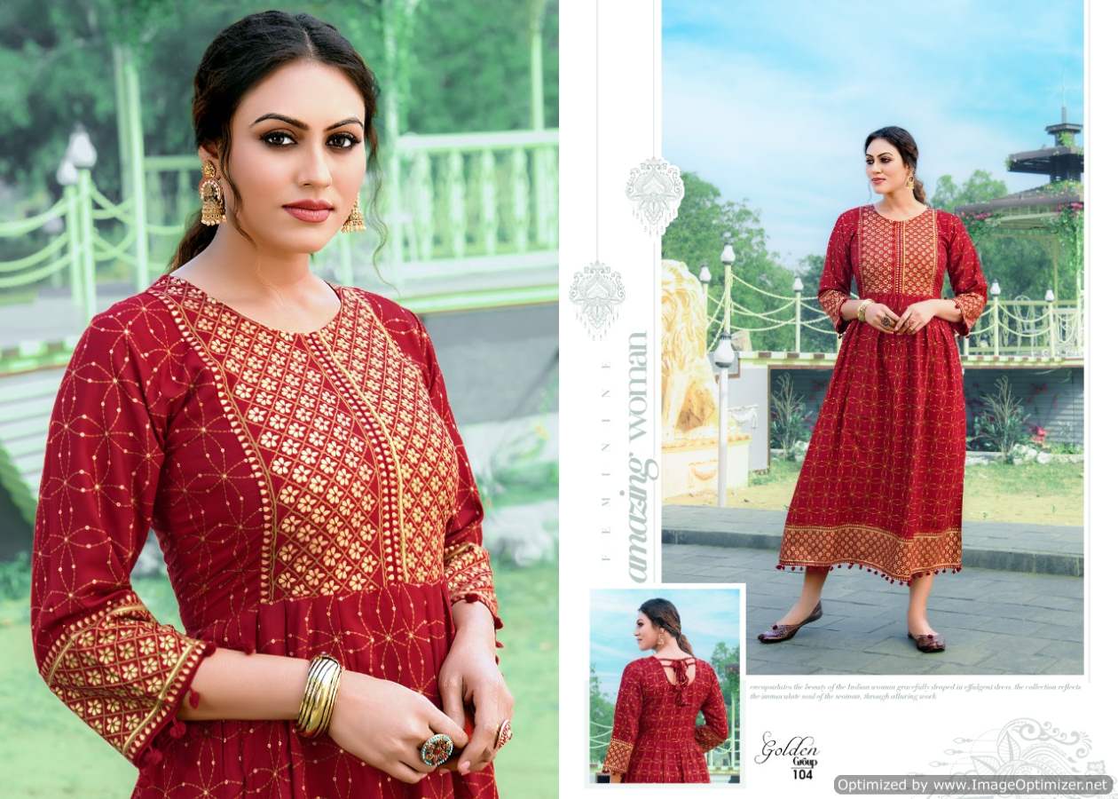 Golden Group Fancy Ethnic Wear Rayon Printed Designer Anarkali Kurti Collection